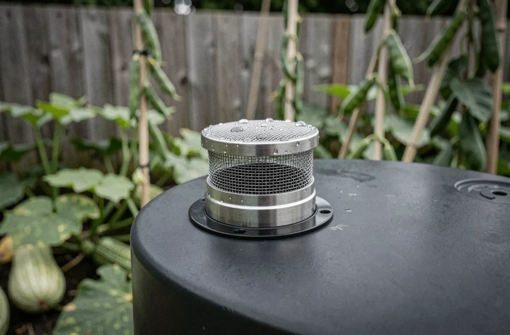 Gros plan sur le filtre et le trop-plein d'un récupérateur d'eau de pluie installé dans un potager