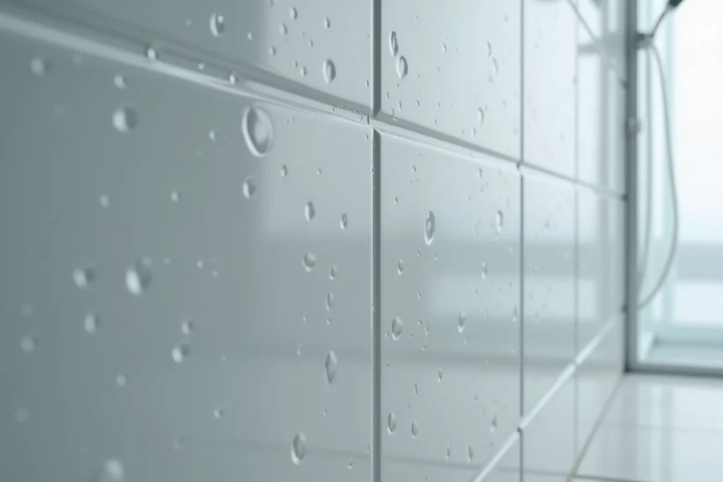Gros plan sur des plaques PVC gris clair dans une douche, montrant les joints emboîtés et les gouttes d'eau sur la surface imperméable
