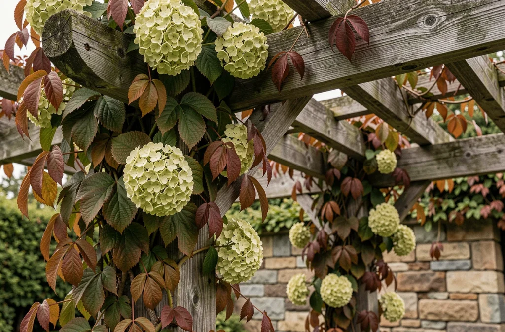 Détail de poutres en bois d'une pergola envahie de plantes grimpantes au feuillage dense et texturé