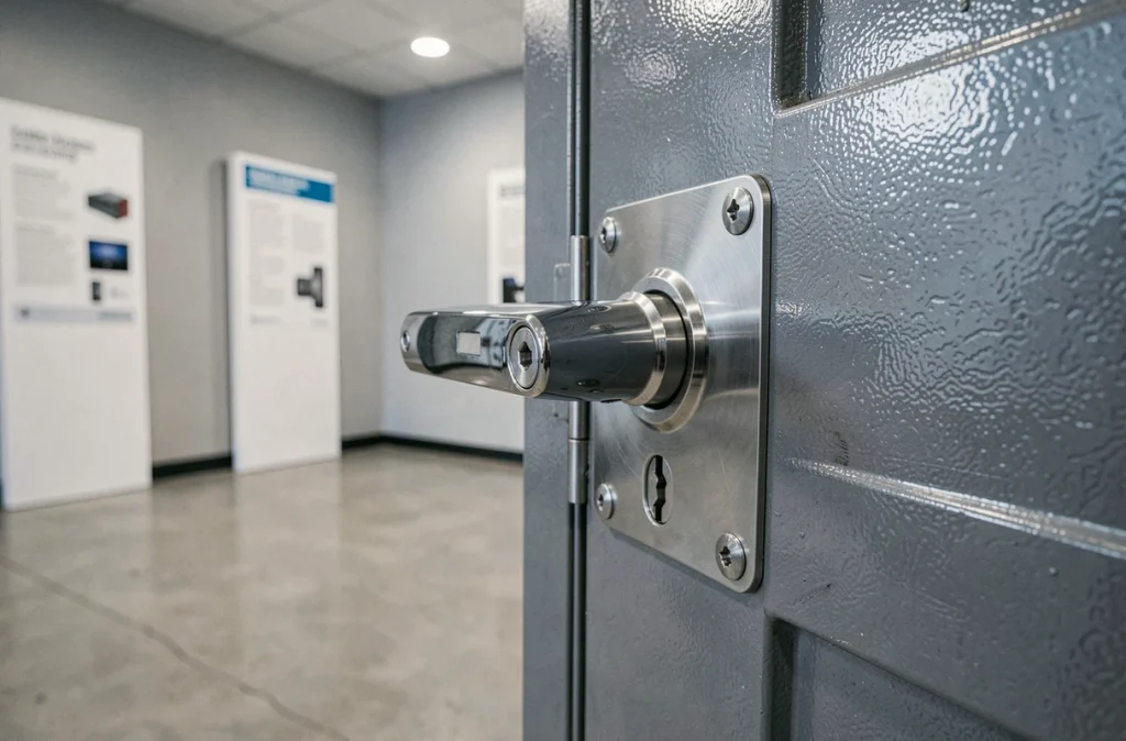 Détail du mécanisme de verrouillage multipoint d'une porte blindée certifiée en showroom