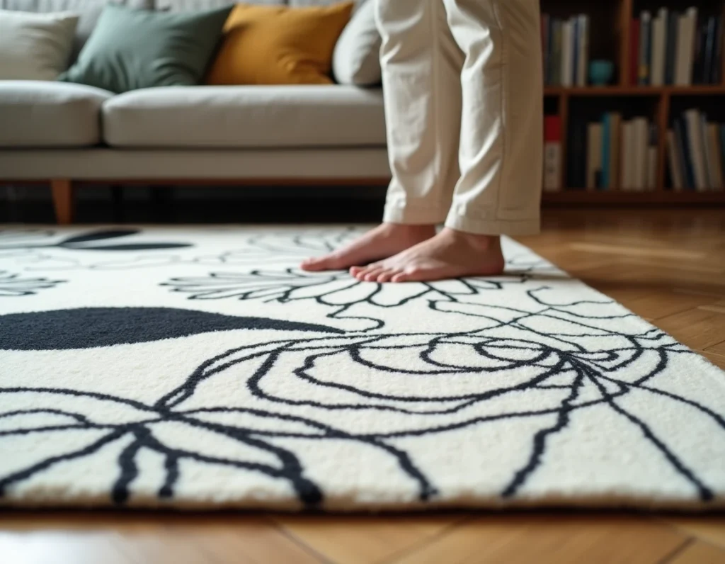 Femme en lin beige debout sur un tapis graphique noir et blanc texturé posé sur un parquet chêne en chevrons dans un séjour contemporain