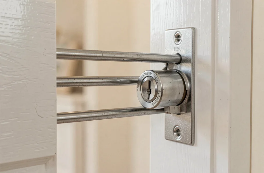 Détail du système de verrouillage multipoints et de la serrure haute sécurité d'une porte blindée certifiée