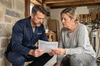 Artisan et propriétaire examinant un devis travaux dans un appartement alsacien en rénovation à Strasbourg