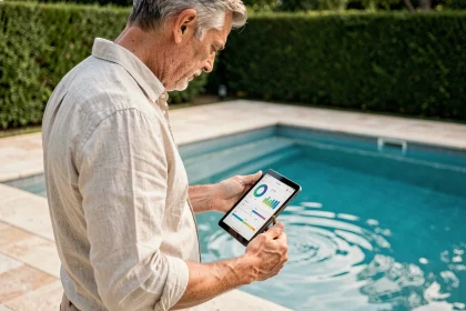 Homme utilisant une tablette domotique pour gérer sa piscine connectée depuis le bord du bassin