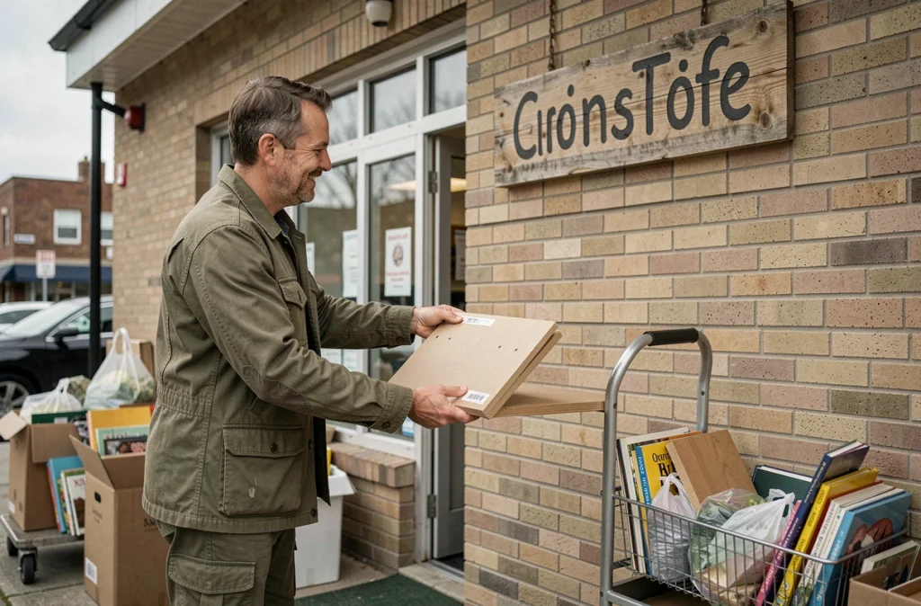Homme donnant une étagère démontée à un bénévole d'une association caritative lors d'un don de meubles avant déménagement