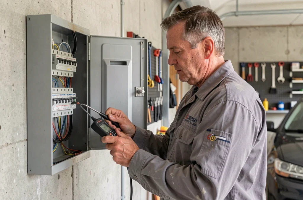 Électricien inspectant un tableau électrique en panne dans un garage résidentiel après une période de vacances