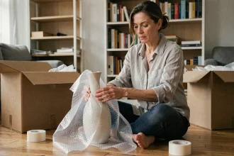 Femme emballant un vase fragile en papier bulle lors d'un déménagement dans un appartement