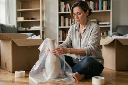 Femme emballant un vase fragile en papier bulle lors d'un déménagement dans un appartement