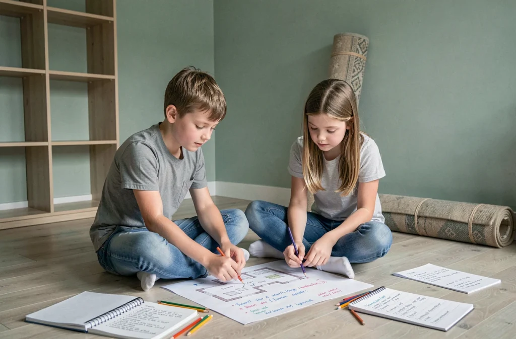 Deux enfants préparant le déménagement en dessinant le plan de leur nouvelle chambre