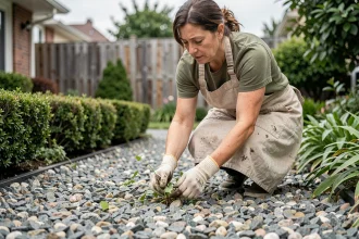 Femme entretenant une allée en gravier en arrachant les mauvaises herbes à la main dans un jardin résidentiel