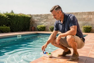 Un homme entretient l'eau de sa piscine familiale en testant le taux de chlore avec un kit d'analyse chimique