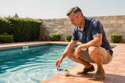 Un homme entretient l'eau de sa piscine familiale en testant le taux de chlore avec un kit d'analyse chimique