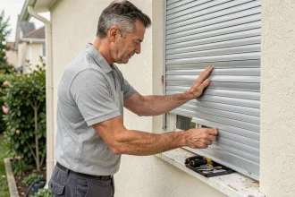 Technicien inspectant les lames d'un volet roulant extérieur lors d'un entretien annuel sur façade de maison