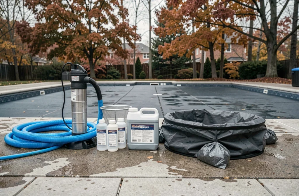 Équipements et produits nécessaires pour l'hivernage d'une piscine posés sur le bord du bassin en automne