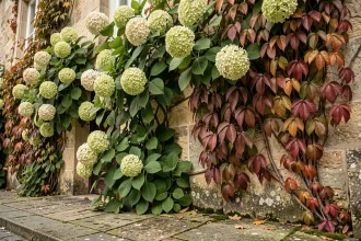 Façade de jardin en pierre calcaire recouverte de plantes grimpantes comme la vigne vierge et l'hortensia grimpant aux tons verts et roux automnaux