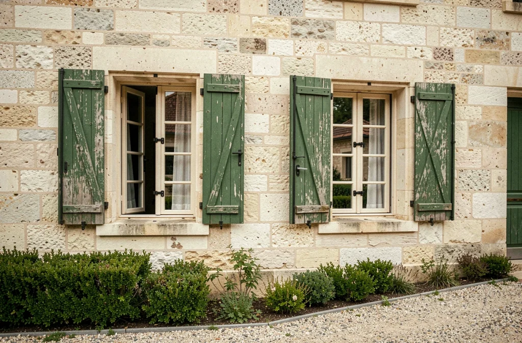 Façade extérieure d'une maison en pierre avec verrous de sécurité visibles sur les fenêtres du rez-de-chaussée