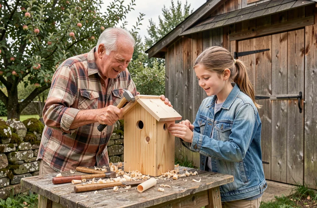 Grand-père et petite-fille construisant ensemble un nichoir en bois dans un jardin de campagne
