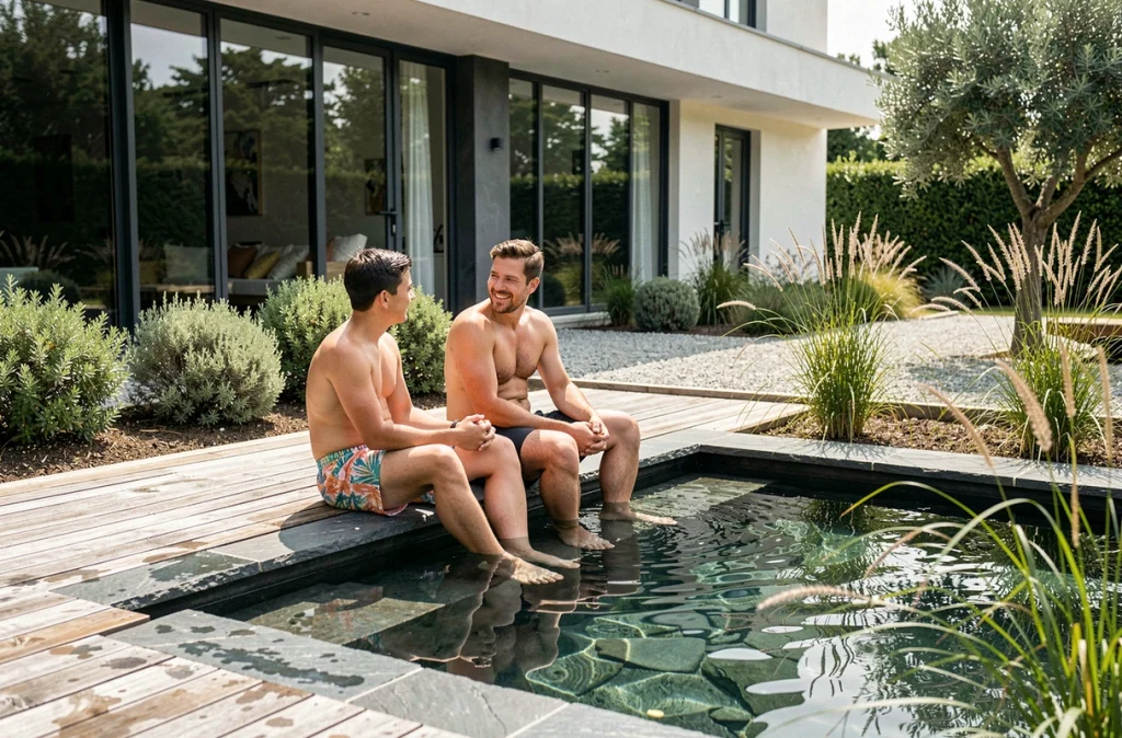 Famille se détendant au bord d'une piscine naturelle moderne avec terrasse en bois et végétation ornementale en France