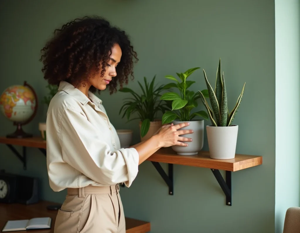 Femme arrangeant des plantes d'intérieur variées sur une étagère en bois dans un bureau à domicile au mur vert sauge