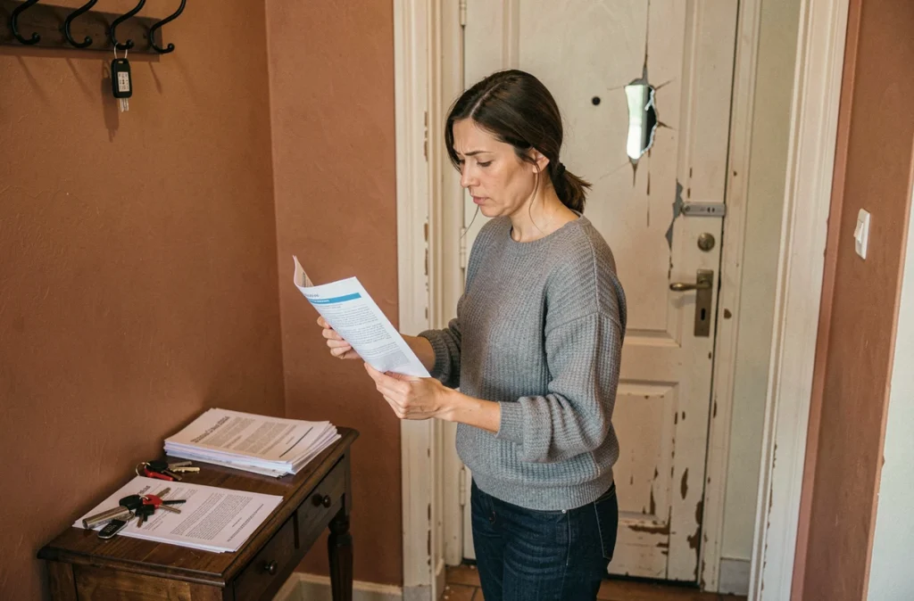 Femme consultant ses documents d'assurance habitation après une effraction à son domicile