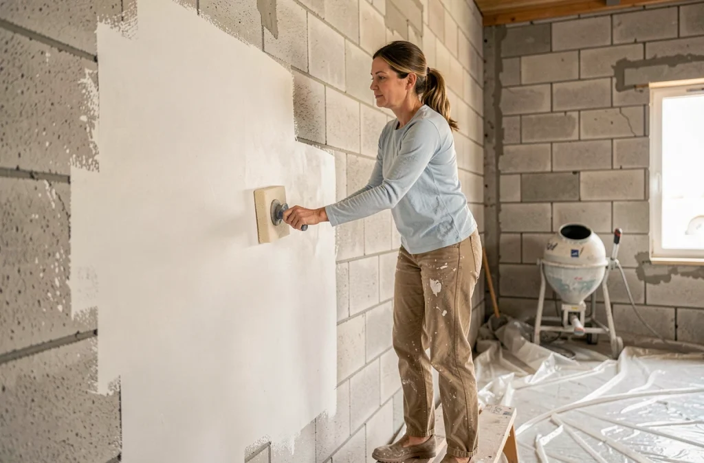 Femme en autoconstruction lissant un enduit de finition blanc sur mur en parpaings intérieur avec une taloche éponge