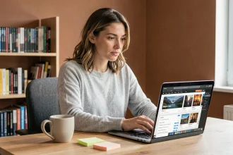 Femme utilisant une interface de base de données de films sur un ordinateur portable dans un bureau à domicile moderne