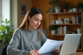 Femme consultant des documents administratifs avant un déménagement à la table de sa cuisine