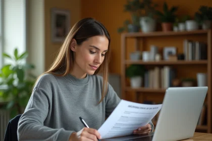 Femme consultant des documents administratifs avant un déménagement à la table de sa cuisine