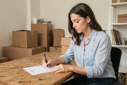 Femme remplissant un formulaire de transfert de courrier postal lors d'un déménagement, entourée de cartons