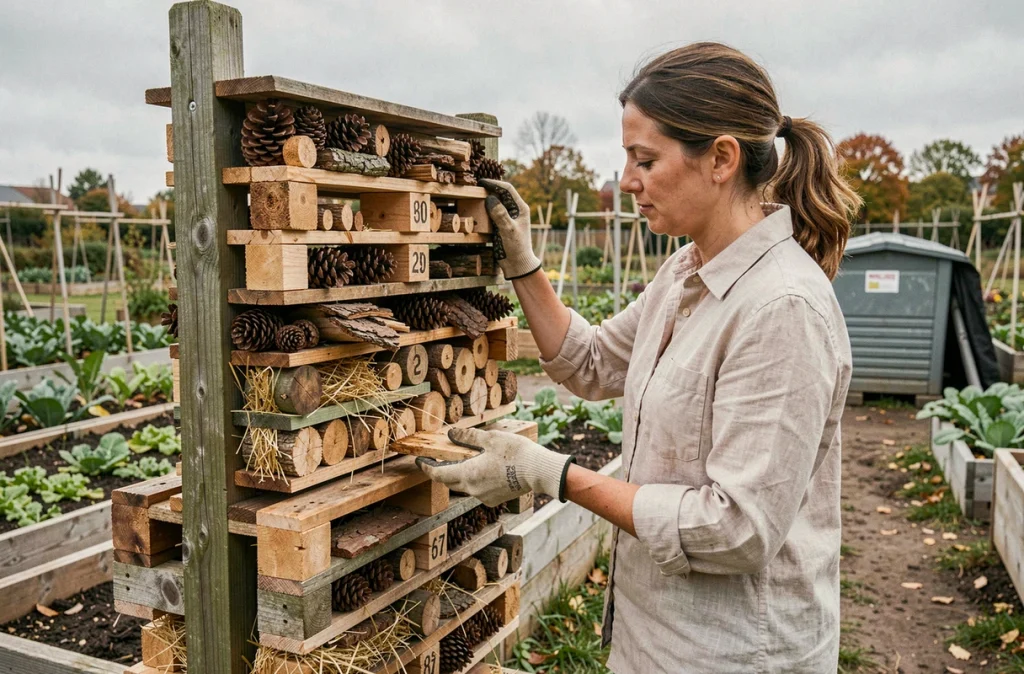 Femme installant un grand hôtel à insectes en bois de palettes recyclés dans un jardin potager communautaire en automne