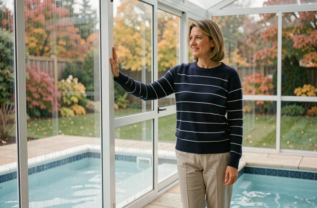 Femme profitant de sa piscine couverte par un abri en polycarbonate en saison automnale depuis l'intérieur de la structure