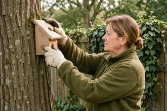 Femme installant un nichoir en bois sur un chêne dans un jardin verdoyant au printemps