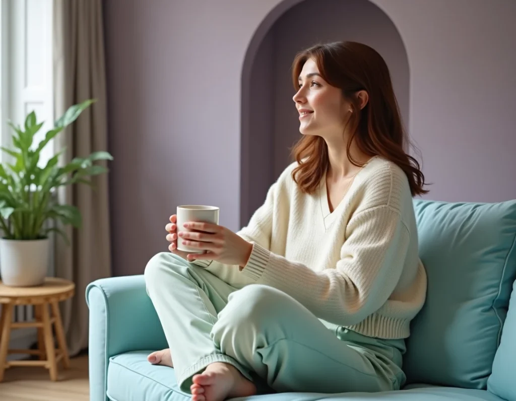 Femme assise sur un canapé bleu poudré dans un salon aux tons pastel lilas et menthe