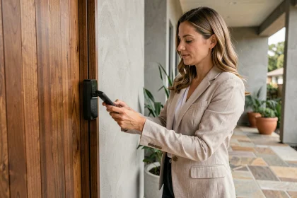 Femme utilisant son smartphone pour déverrouiller une serrure connectée sur une porte d'entrée moderne