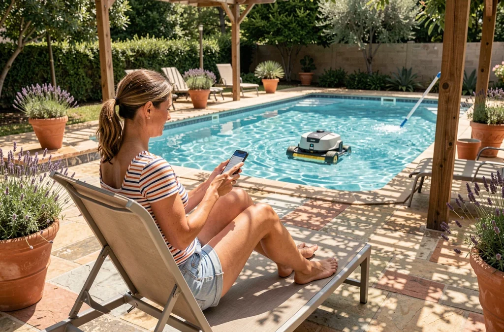 Femme contrôlant depuis son smartphone l'automatisation de sa piscine avec robot nettoyeur en fonctionnement