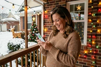 Femme utilisant un smartphone pour contrôler ses décorations de Noël extérieures connectées depuis le porche de sa maison
