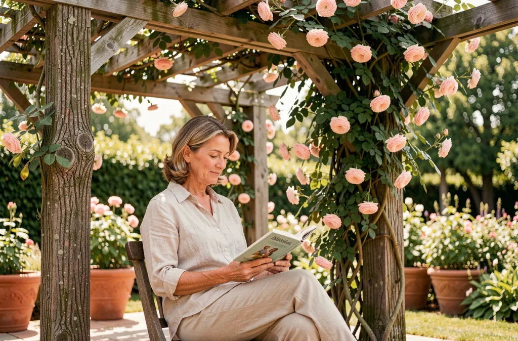 Femme lisant sous une pergola végétale en bois avec des roses grimpantes dans un jardin aménagé