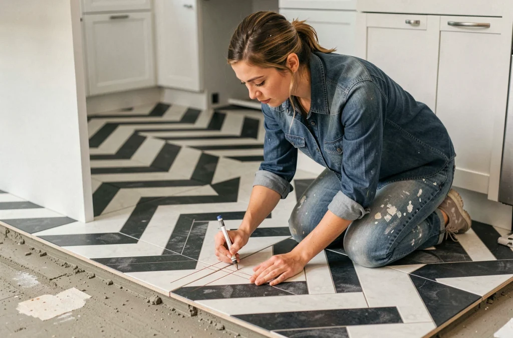 Femme traçant les découpes de carrelage en chevron bicolore autour d'un îlot de cuisine fixe lors d'une rénovation