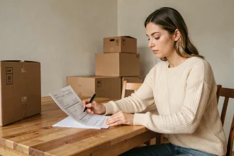 Femme en train de lire ses contrats d'énergie entourée de cartons lors d'un déménagement