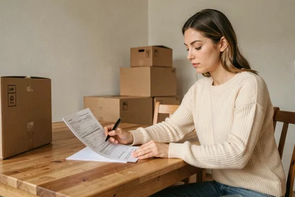 Femme en train de lire ses contrats d'énergie entourée de cartons lors d'un déménagement