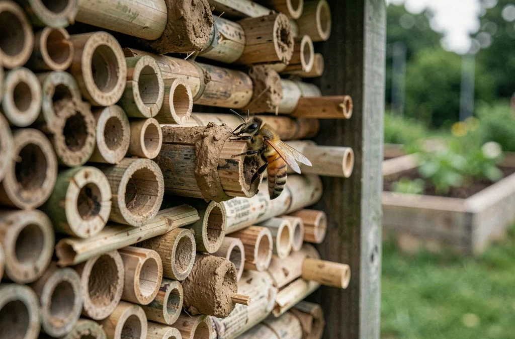 Gros plan sur les tubes en roseaux d'un hôtel à insectes avec une abeille maçonne inspectant l'entrée d'un tube scellé à l'argile