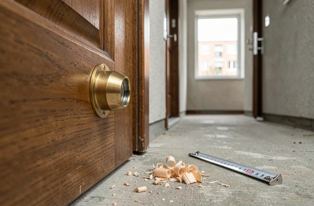 Gros plan sur un judas optique en laiton neuf installé dans une porte d'entrée en bois avec copeaux et mètre ruban au sol