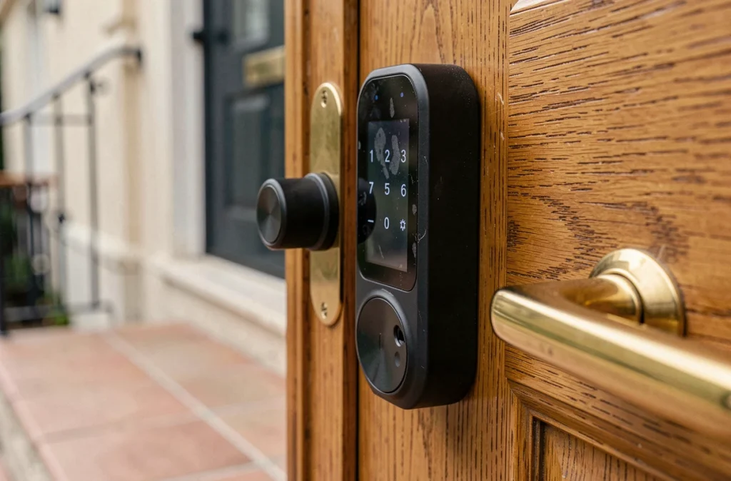 Gros plan sur une serrure connectée installée sur une porte en chêne avec clavier tactile et mécanisme motorisé