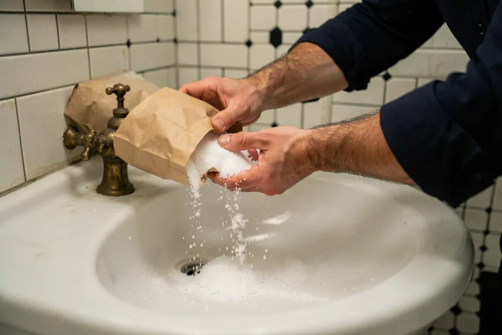Homme versant du gros sel dans un évier de salle de bain pour déboucher le siphon