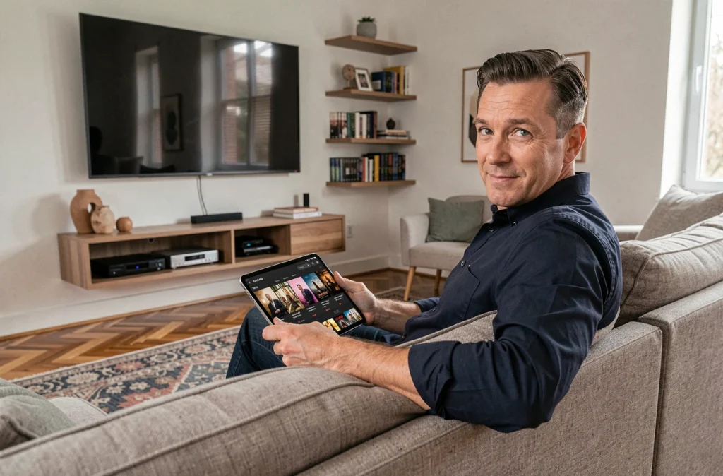Homme consultant un catalogue de films sur tablette dans un salon contemporain