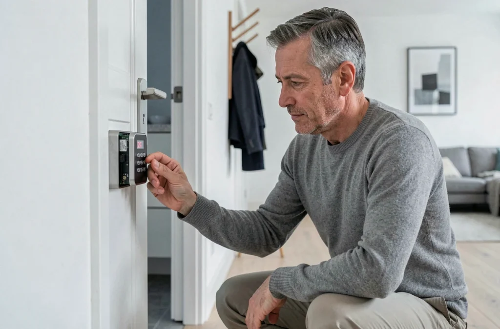 Homme examinant une serrure connectée installée sur une porte intérieure d'appartement moderne