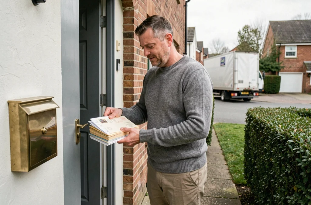 Homme triant son courrier redirigé devant l'entrée de sa nouvelle maison après un déménagement