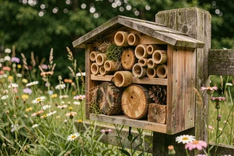 Hôtel à insectes en bois rustique fixé sur un poteau de jardin entouré de fleurs sauvages, avec une abeille solitaire entrant dans un tube de bambou