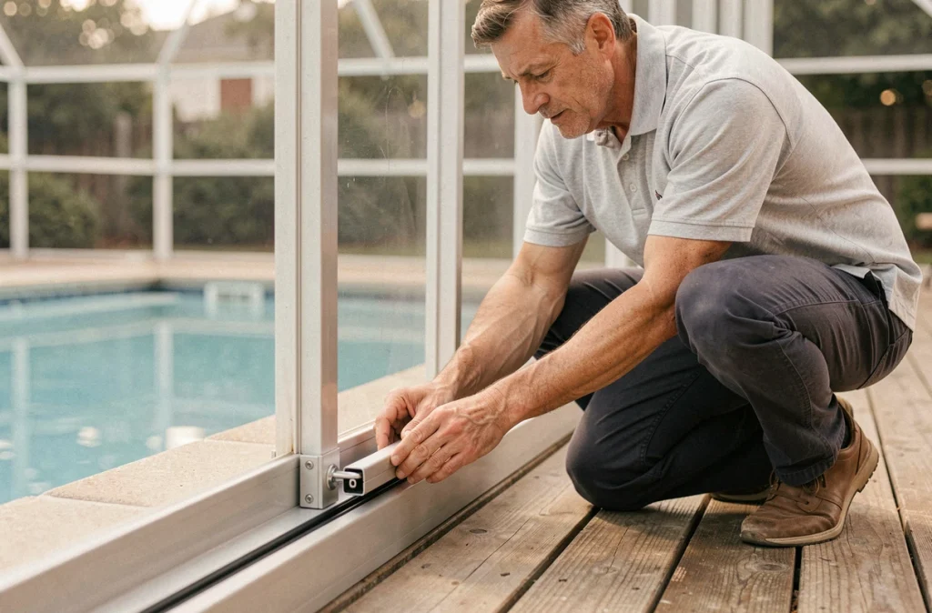 Homme inspectant le mécanisme coulissant d'un abri de piscine en aluminium sur une terrasse en bois