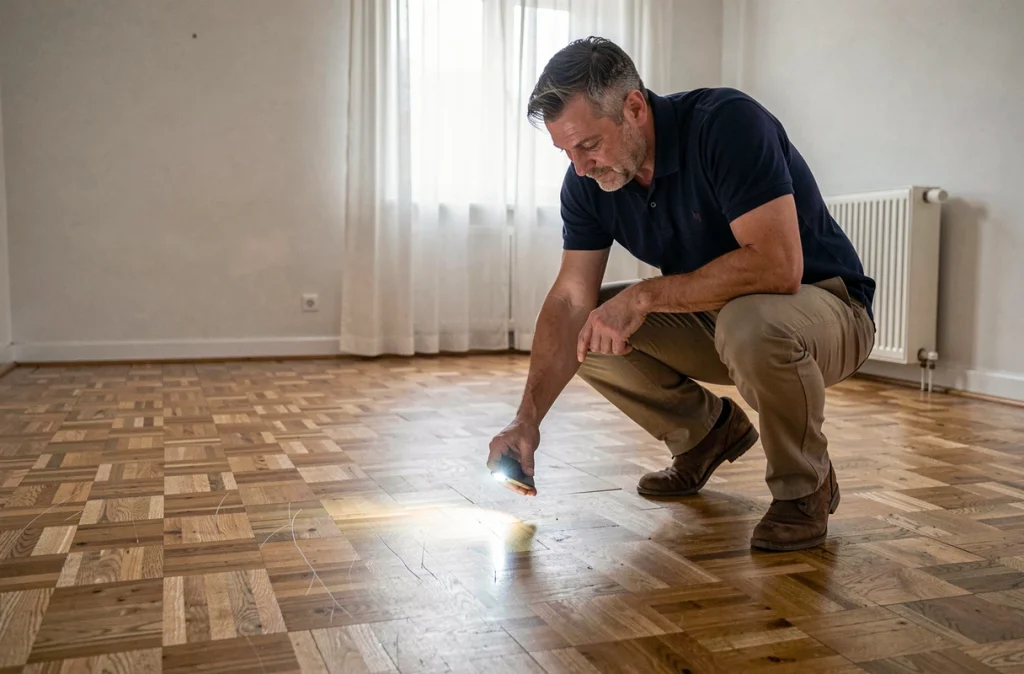 Propriétaire inspectant l'état du parquet lors d'un état des lieux de sortie d'appartement